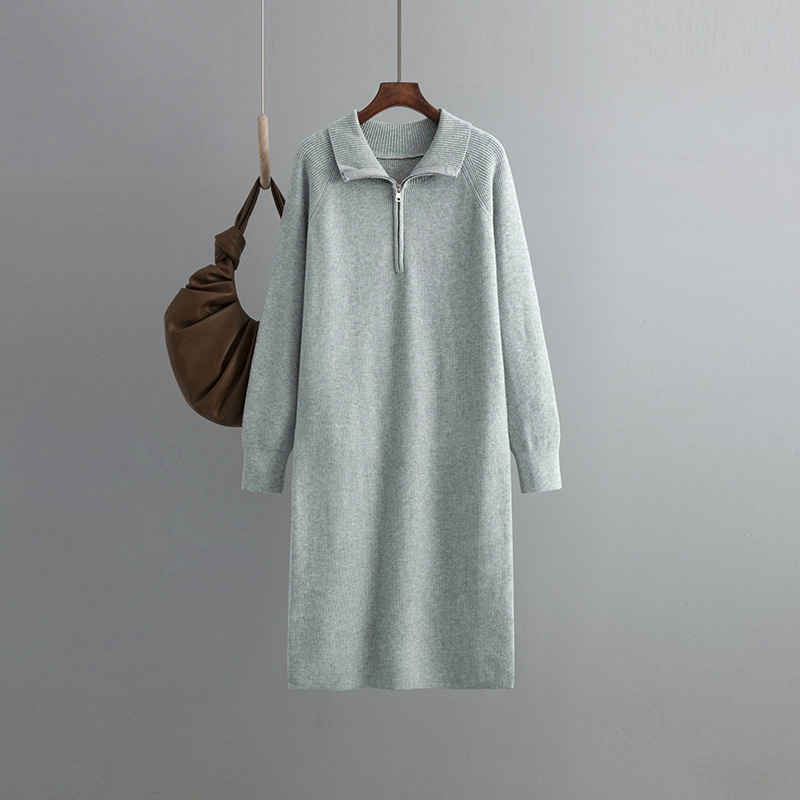 Women's Sweater Dress Casual Simple Style Turndown Zipper Long Sleeve Solid Color Knee-length Daily display picture 12