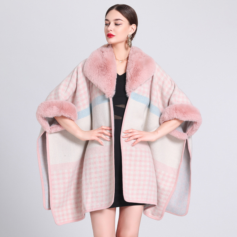 Woolen collar plaid cape cape loose jacquard knitted cardigan large size woolen coat for women_voghion.com