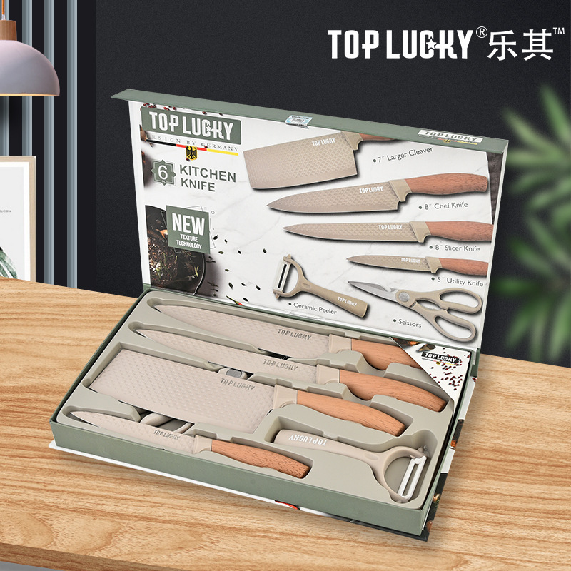 6 piezas de acero inoxidable cuchillo de cocina afilado tijeras de madera aprobar cuchillo de cocina conjunto de herramientas de regalo