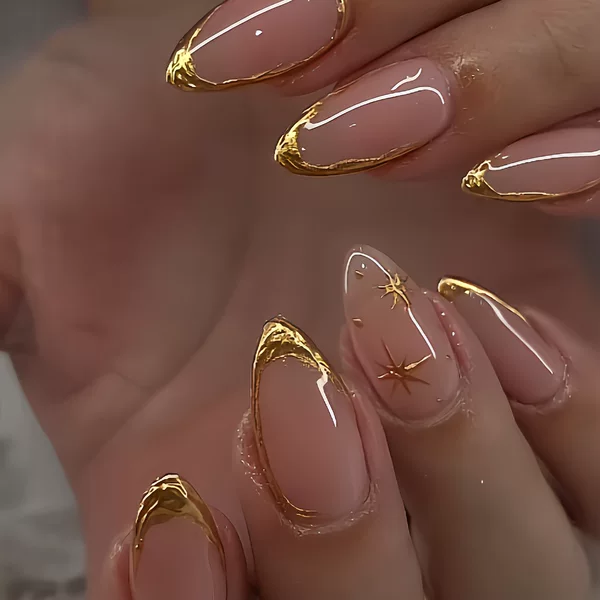French-Style Golden European and American Short Almond Starburst Hexagram Wearable Foreign Trade Fake Nails Wholesale