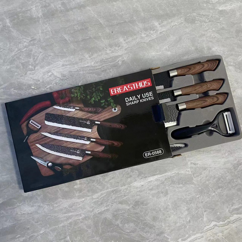 Una gran cantidad de piezas de punto de fábrica de seis piezas forjadas con cuchillo de martillo, cuchillo de cocina de acero inoxidable, cuchillo de chef, caja de color de regalo, juego de cuchillos
