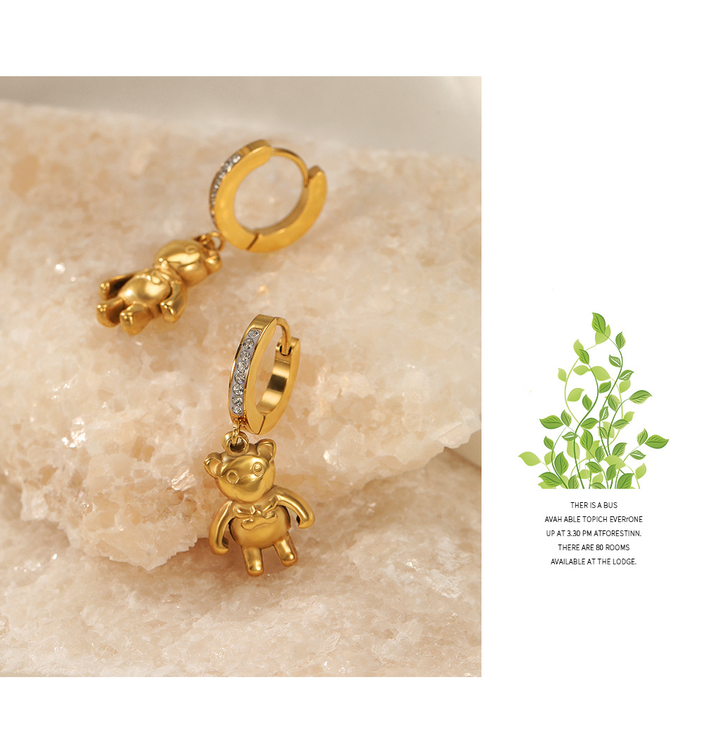 Cute Bear Stainless Steel Gold Plated Rhinestones Drop Earrings 1 Pair