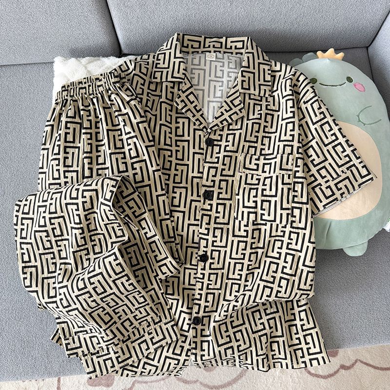 Verano hombre nube algodón corto y largo dos piezas conjunto de pijamas de moda simple con tapa cardigan ropa de hogar se puede usar fuera delgada