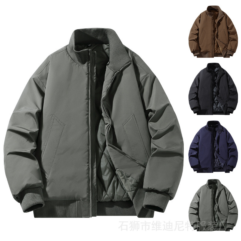 春秋加棉夹克男保暖飞行员外套复古纯色宽松上衣服休闲棒球服批发