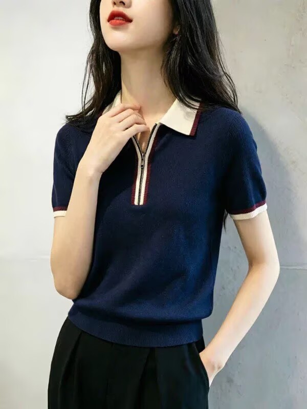 Áo thun nữ ngắn tay phong cách cổ điển, dây kéo trước, form ôm nhẹ — Xanh lông mòng đen