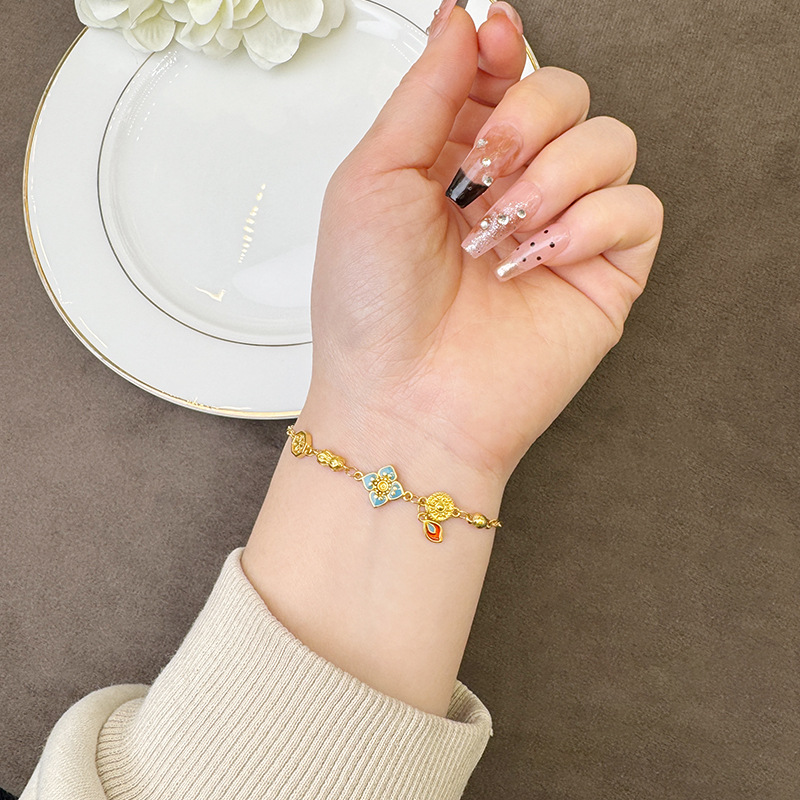 Nuevo chino vietnamita pulsera de oro de arena goteo de esmalte nacional flor pulsera de bronce dorado para mujeres joyas no se desvanecen