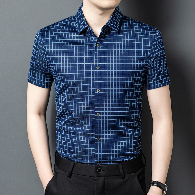 Áo sơ mi nam ngắn tay lụa tơ tằm kẻ sọc cao cấp — Caro xanh JS160160
