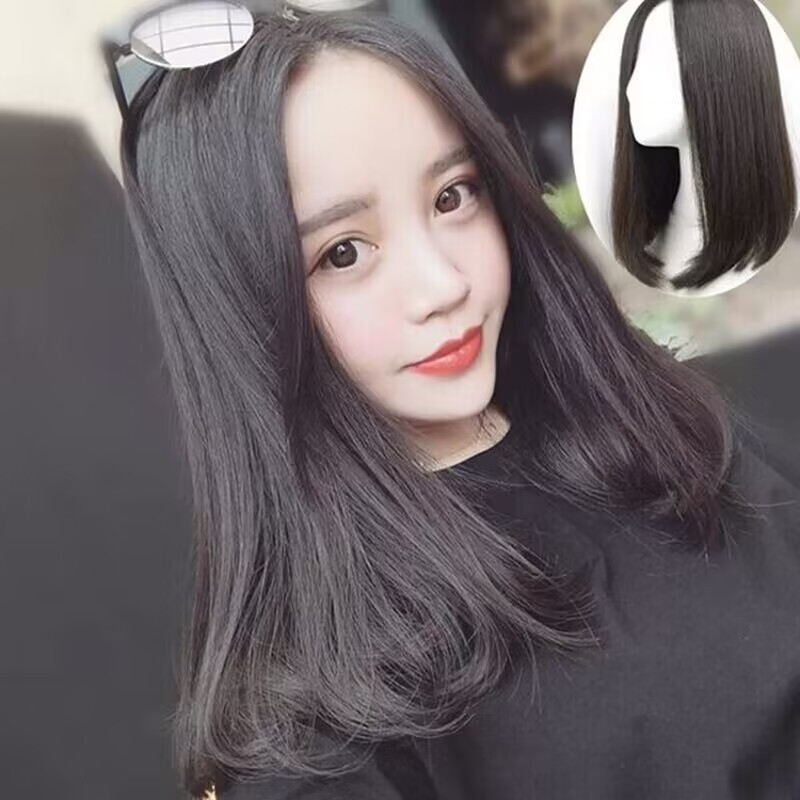 Amazon New Fashion Wig Medium Length Straight Hair Center Parting Inward Curls V Shaped Bangs Synthetic Clip-in for Daily Use_voghion.com