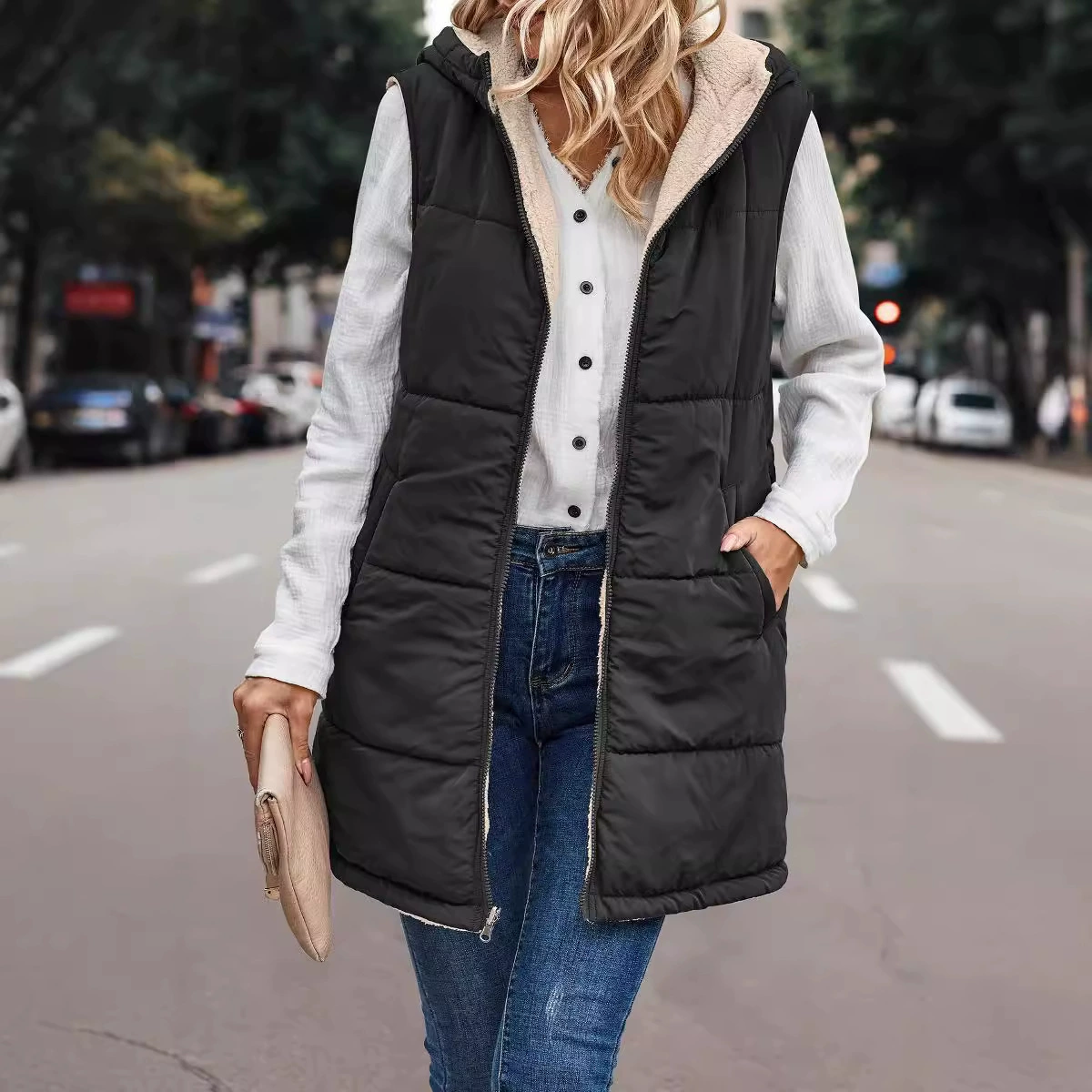  Colored down jacket with hood, double-sided vest, cardigan, 2023, European style, slim fit