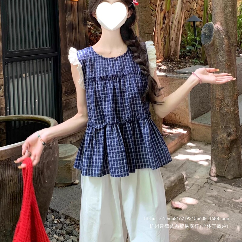 Sweet lace flutter sleeve shirt, sleeveless, 2026 summer new age-reducing plaid top with ruffled edges, doll style Sweet lace flutter sleeve shirt, sleeveless, 2026 summer new age-reducing plaid top with ruffled edges, doll style