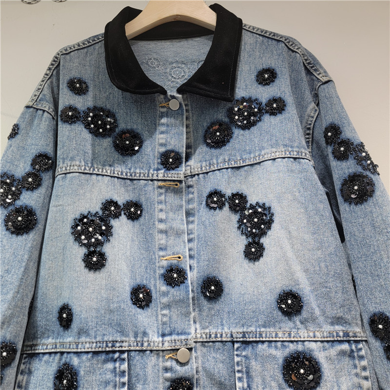 Colar de terciopelo de color de contraste pesado con chaqueta de vaqueros de diamante para mujeres 2026 nuevo suelto delgado retro hacer vieja camisa de manga larga