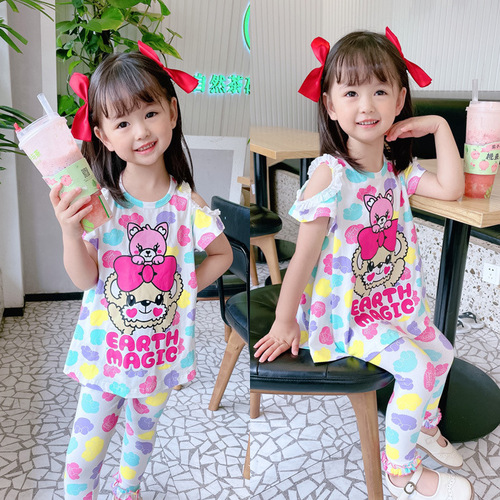 2024 New Girls Summer Clothes EM Japanese Trendy Children's Clothes Cartoon Bear Off-Shoulder T-Lace Leggings Suit