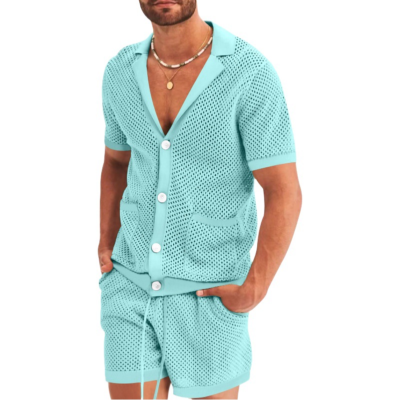 Estación independiente Amazon Venta caliente de los hombres hueco transparente fresco casual Delgado desgaste exterior pantalones cortos manga traje