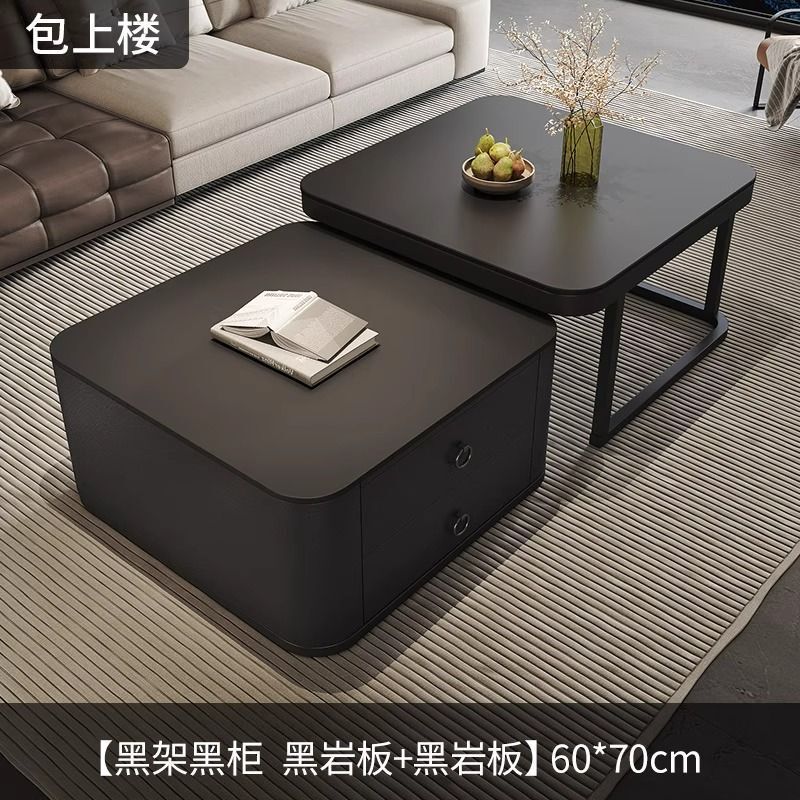 Italian Slate Coffee Table Living Room Home Light Luxury High-End Black Movable Wheeled Small Apartment Coffee Table Combination Table