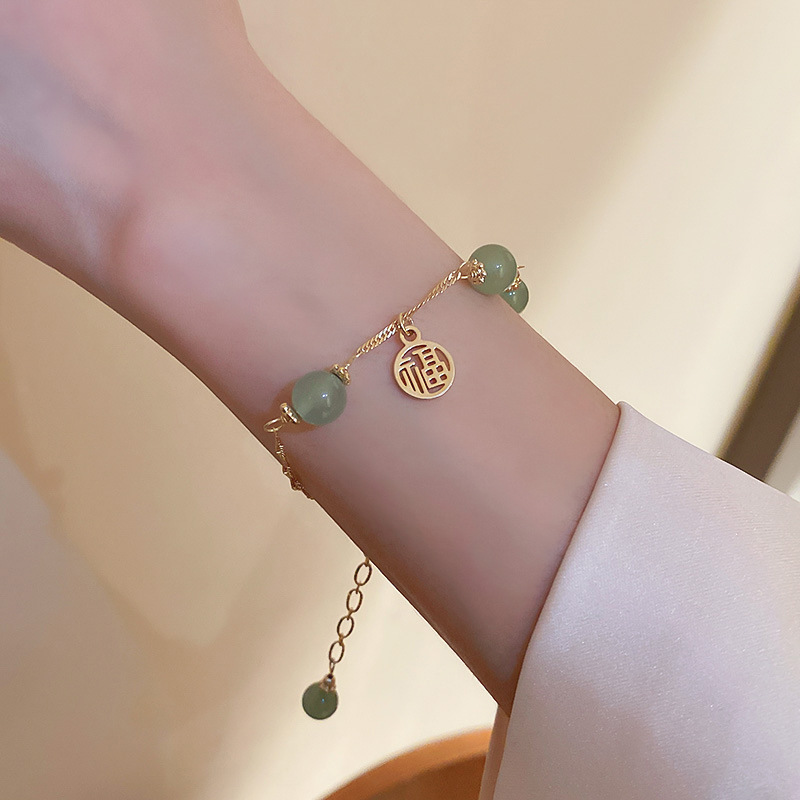 simple green Chinese character good luck beads copper resin Bracelet