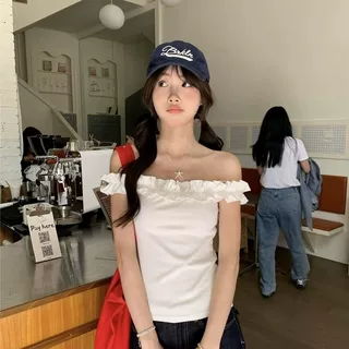 纯欲一字肩T恤女装2026夏季新款设计感木耳边修身甜辣妹独特上衣