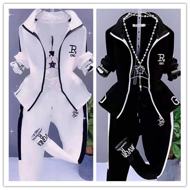 Casual Sports suit Women's 2023 Spring and Autumn Korean Style Fashion Slimming Zipper Collar Jacket Leggings Two-piece Set