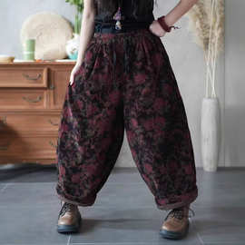 2025 冬新款 复古风印花灯笼裤 文艺宽松版休闲高腰长裤棉裤
