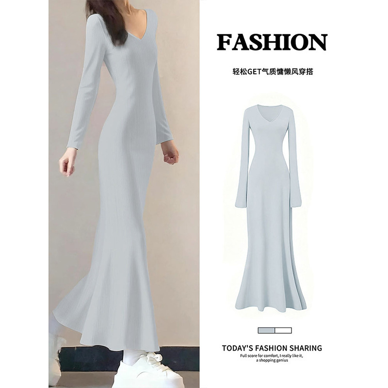 Early Autumn Blue Lotus Fishtail Dress Women's Long Autumn and Winter Coat with Bottoming Knitted Hip Skirt Early Autumn Blue Lotus Fishtail Dress Women's Long Autumn and Winter Coat with Bottoming Knitted Hip Skirt