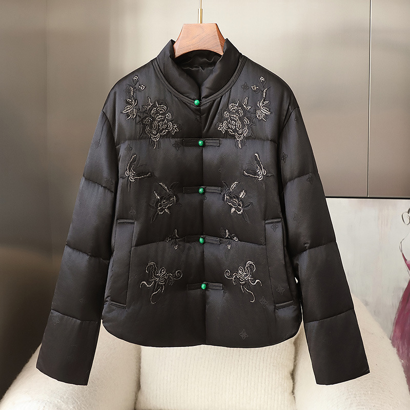 2024 새로운 빈티지 자수 뽕나무 실크 구스 다운 재킷 새로운 중국 하이 엔드 실크 Guofeng 다운 재킷