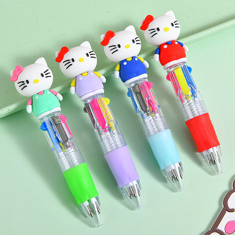 Caricatura lindo KT gato mini bolígrafo de cuatro colores multicolor en uno bolígrafo de cuentas de mano de color para estudiantes premios papelería al por mayor