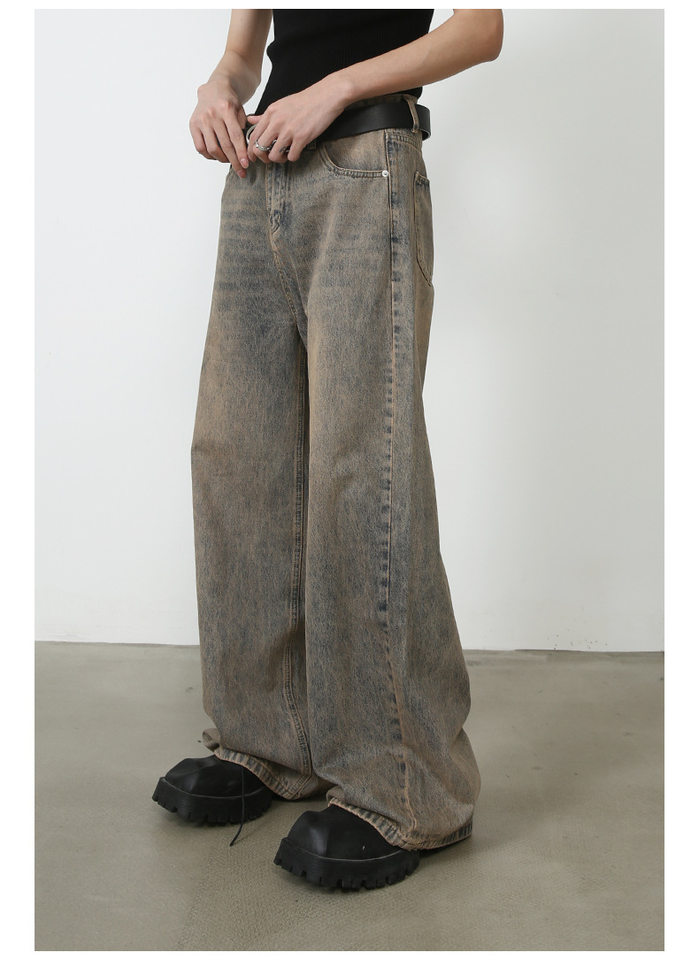 Quần jeans nam ống rộng phong cách retro, dáng suông dài chạm gót, lưng cạp vừa — Vàng gỉ chi tiết 13