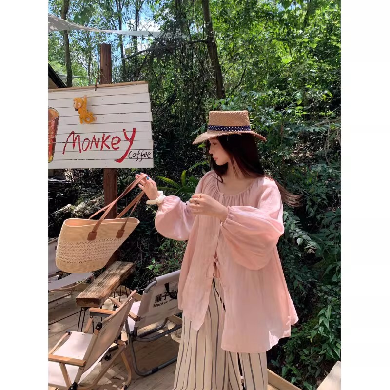 Lightweight Lantern Sleeve Sun Protection Shirt for Women, Spring 2026 New Style, Gentle Style with Slits, Casual, Age-Reducing, Lazy Top Lightweight Lantern Sleeve Sun Protection Shirt for Women, Spring 2026 New Style, Gentle Style with Slits, Casual, Age-Reducing, Lazy Top