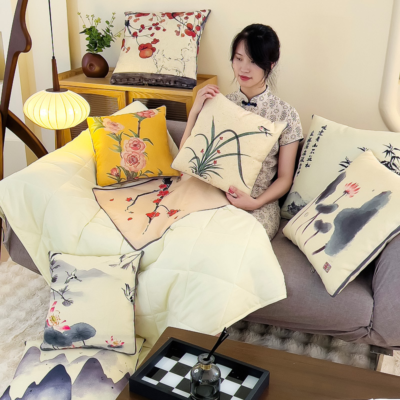 Nuevo estilo chino clásico pintura de tinta almohada edredón logotipo de la empresa de impresión de eventos cojín de regalo edredón lino de verano