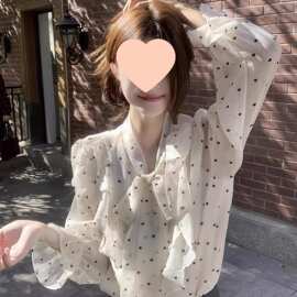 荷叶边波点衬衫女2026春季新款韩系蝴蝶结细带衬衣春夏感上衣