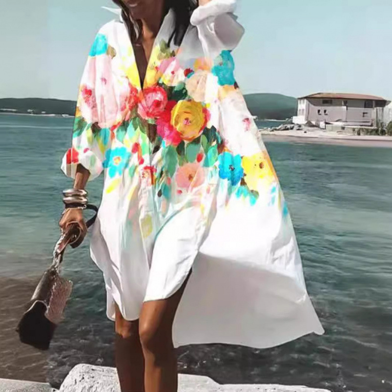 Supports dropshipping, bohemian style printed shirt dress for women, loose-fitting collared cardigan long shirt for women, summer Supports dropshipping, bohemian style printed shirt dress for women, loose-fitting collared cardigan long shirt for women, summer