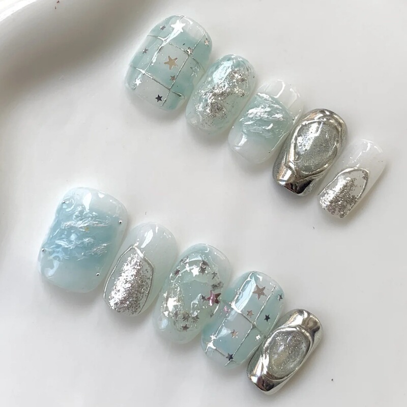 Mint Mambo Green Niche Ins Island Summer Short Wearable Nails Korean Cat Eye Fine Glitter Nail Art Patch Casual