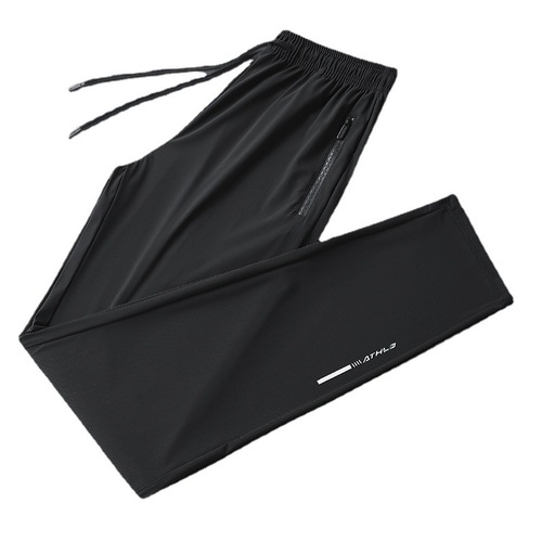 New Ice Silk Men's Sporty Casual Straight Leg Long Pants Stretch Mini Foot Pants Summer Quick-Drying Plus Size Korean Style Trendy