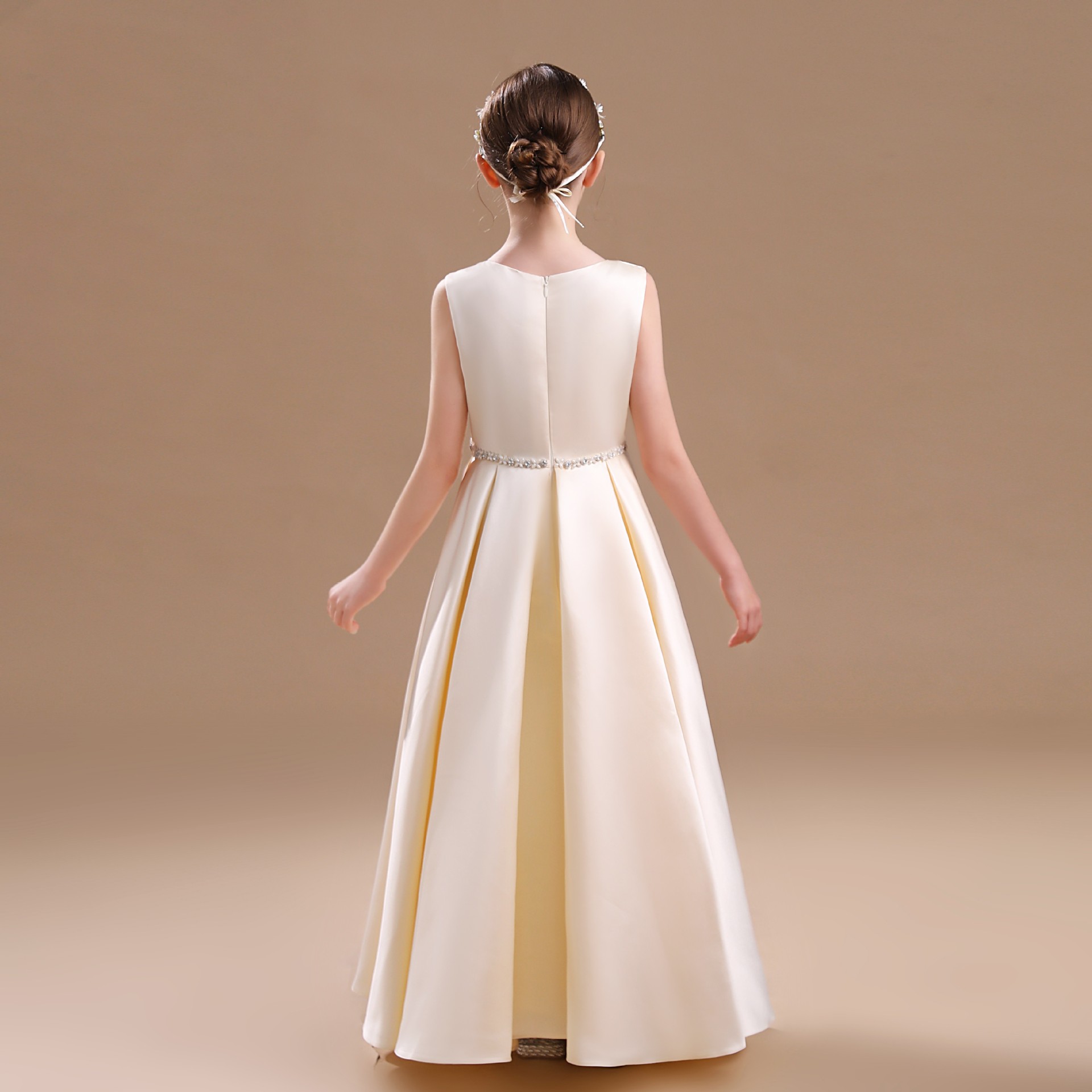 Mädchen Satin Kleid Ärmellos Mit Rundhals Für Chor Und Auftritte_voghion.com
