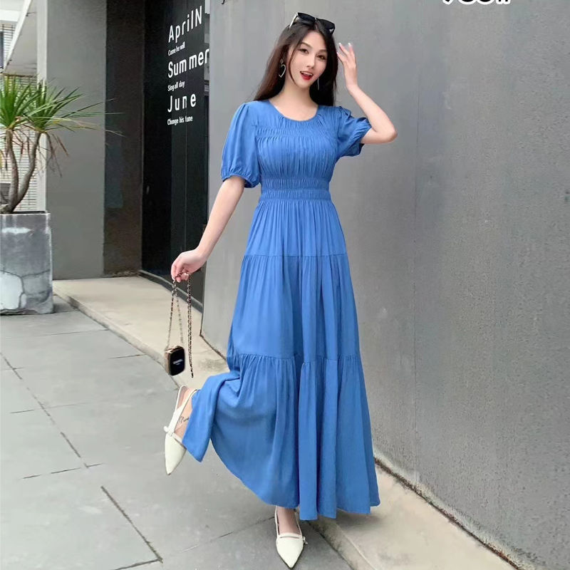 Long Floral Cotton Silk Dress for Outer Wear, Summer New Style, Age-Reducing, Slimming Waist, Long Skirt, Holiday Swing Skirt