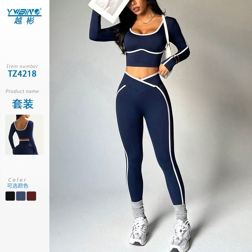 Xiyun explosivo cross-border color contrastante yoga ajustado manga larga frente V cintura elevación de cadera ajustado conjunto de pantalones de calzado