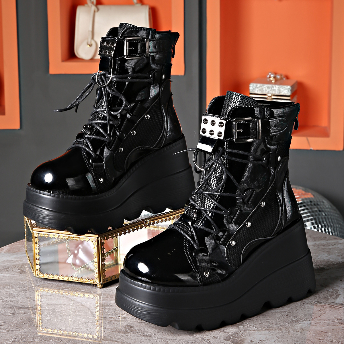 Women's Shoes wedge heel Martin boots women 2024 new pink thick sole large size fashion short boots women dark rivets_voghion.com