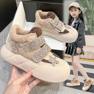 Girls' Snow Boots with Plush Lining, Thickened Children's Large Cotton Shoes, 2025 Winter New Fashion Rhinestone Girls' Warm Short Boots