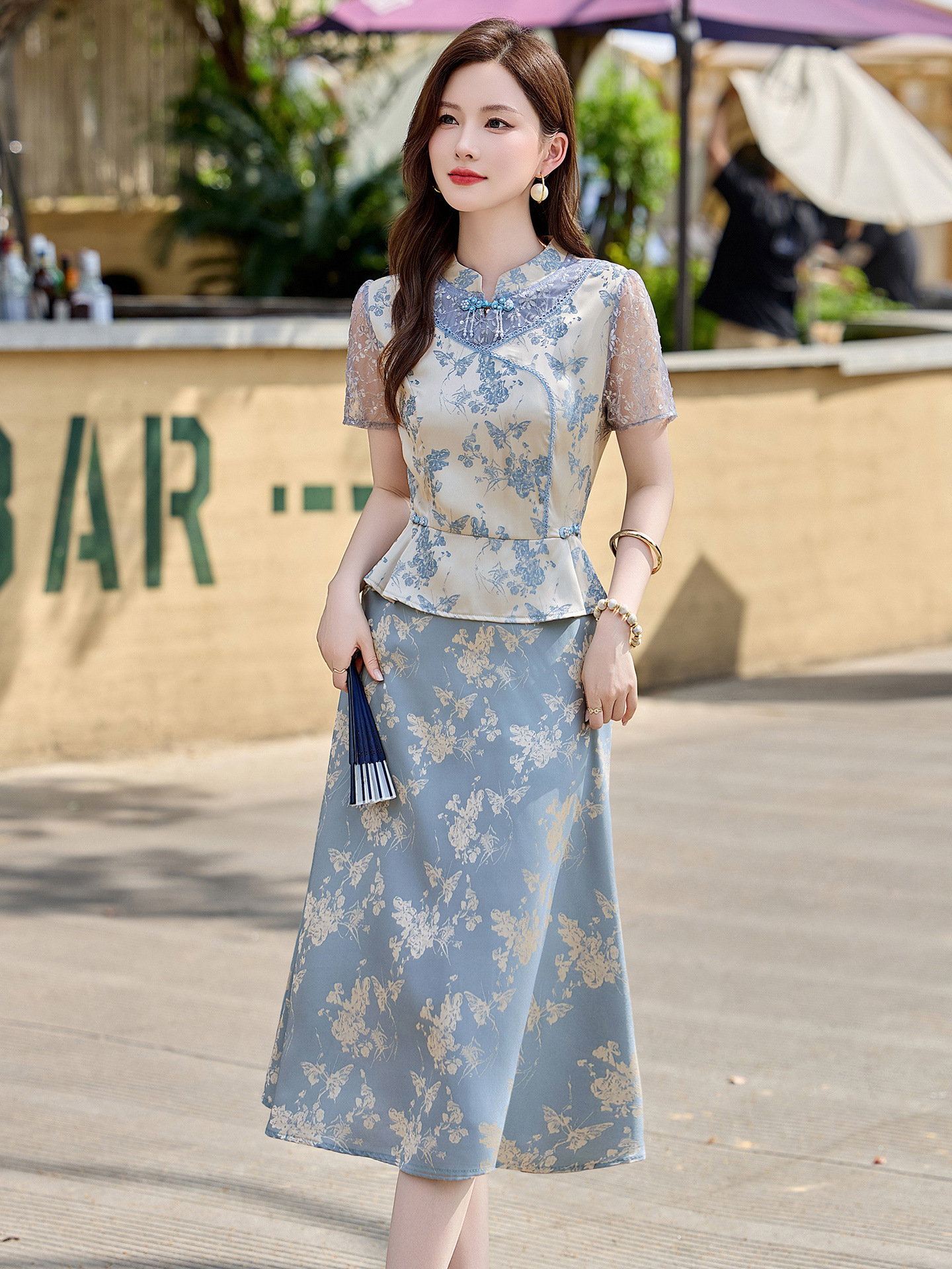Đầm maxi nữ tân cổ điển cổ đứng đính hạt cườm, phối ren, họa tiết jacquard, thiết kế giả hai lớp LX2625 — xanh lam, Màu hồng
