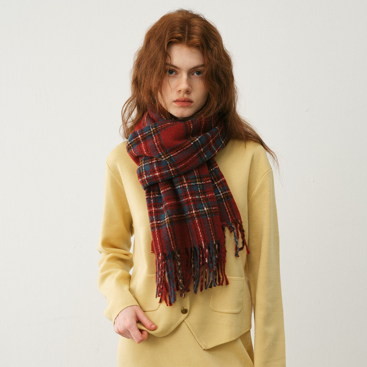 Designer vintage classic red-green faux cashmere Christmas plaid fringe scarf Women's Winter soft extra neck scarf_voghion.com