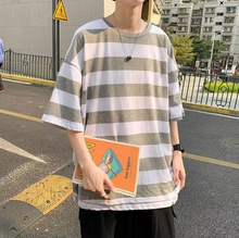 夏季条纹短袖圆领T恤男士2023港风学生五分袖韩版拼色潮流上衣服
