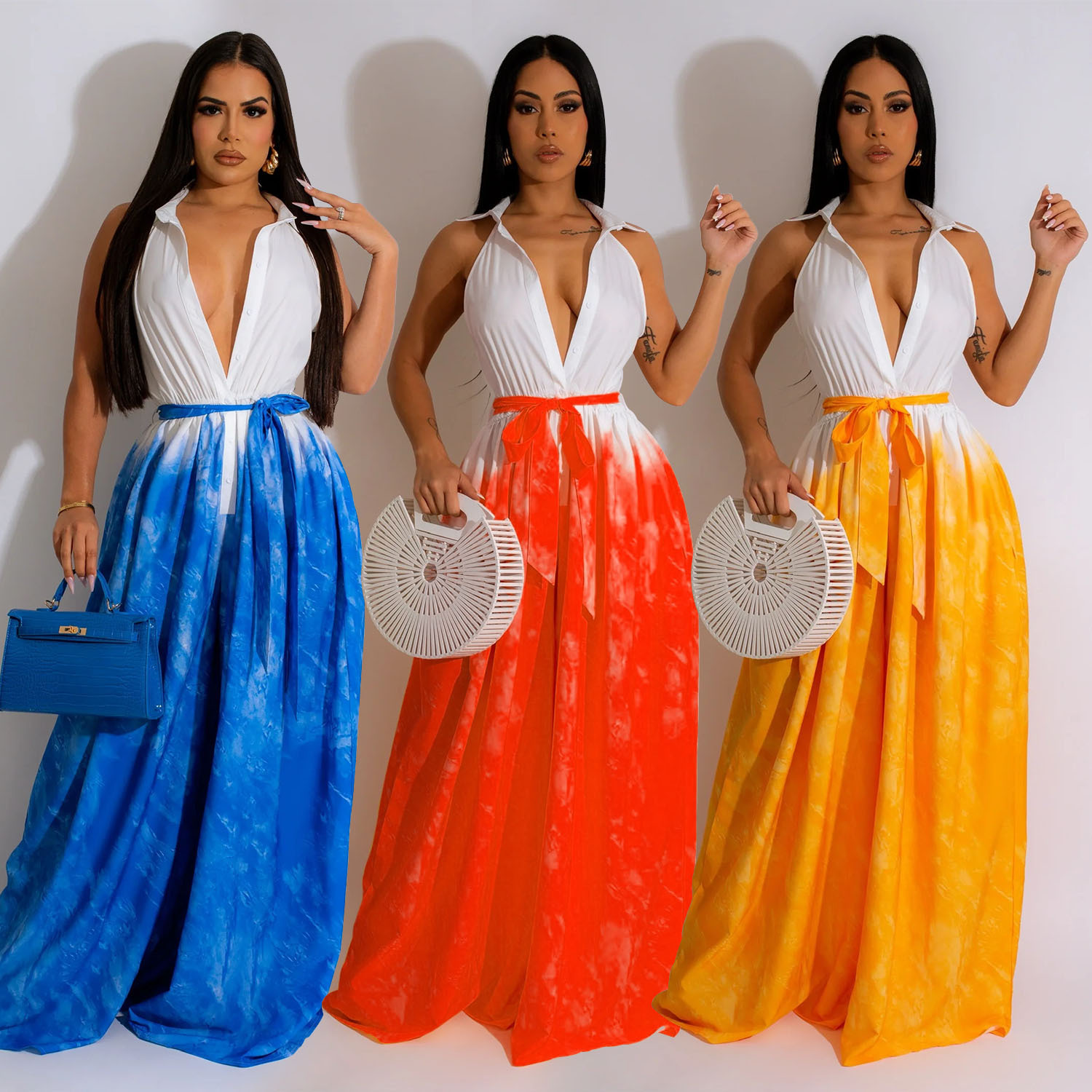 Moda de mujer C6351 Aliexpress transfronterizo Amazon impresión europea y americana sin mangas corbata en V pantalones de piernas anchas