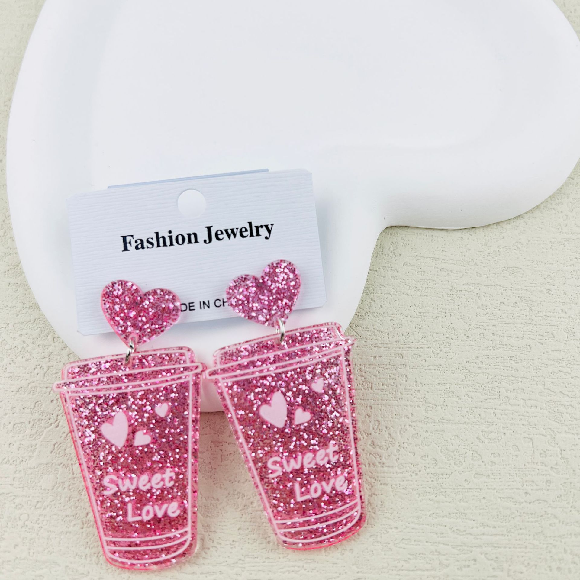 Heart Shape Pattern 1 Pair Retro Heart Shape Printing Arylic Drop Earrings