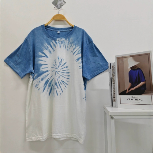 Spring and summer new pullover crew neck short-sleeved plant-dyed indigo tie-dye T-shirt handmade Yunnan tie-dye for men and women