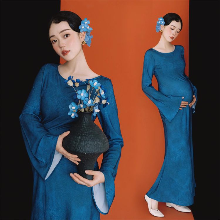 撮影のテーマの妊婦の新しい中国式の写真撮影の服装の妊娠するマミーの大きい腹は水墨画の風格を照らして長いスカートを撮影します。