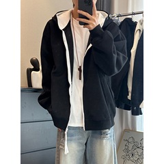 撞色拼接连帽开衫卫衣男款秋季cleanfit美式复古情侣短款运动外套