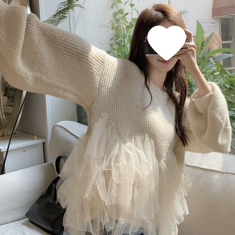 慵懒风网纱拼接长袖毛衣女2024宽松显瘦气质仙气针织衫套头上衣潮|undefined
