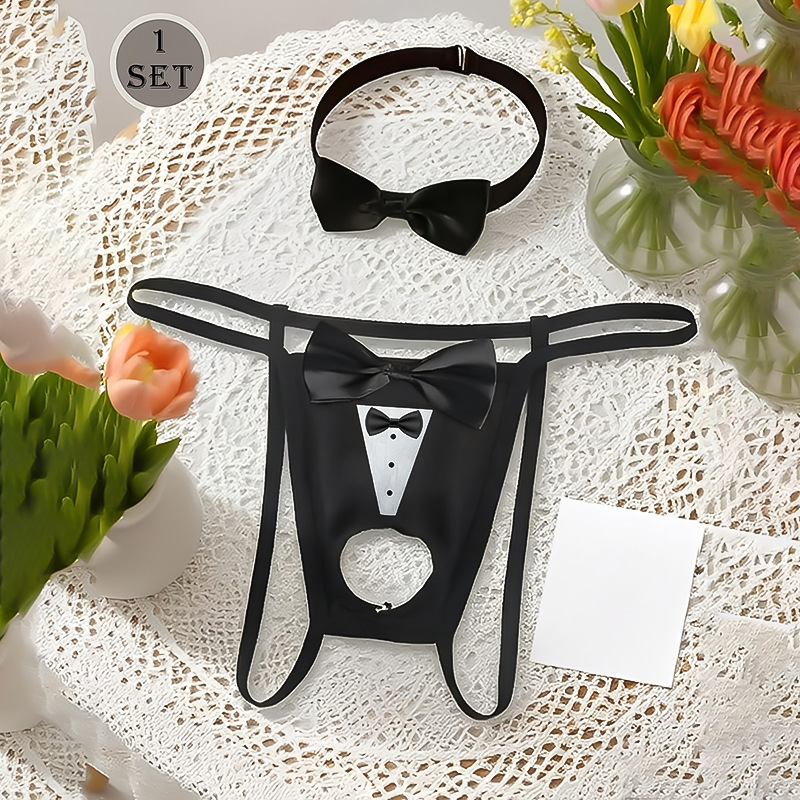 Men's Black Underwear Sexy Bow Thong with Hollow-Out Design and Bow Collar Decoration Set, 2-Piece Set Men's Black Underwear Sexy Bow Thong with Hollow-Out Design and Bow Collar Decoration Set, 2-Piece Set