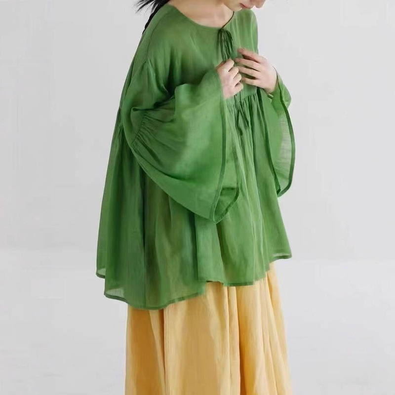 High-Count Full Ramie Shirt 2025 New Autumn Style Breathable and Elegant Shirt with Lotus Leaf Sleeves and Multi-Pleated Large Hem Baby Doll Shirt