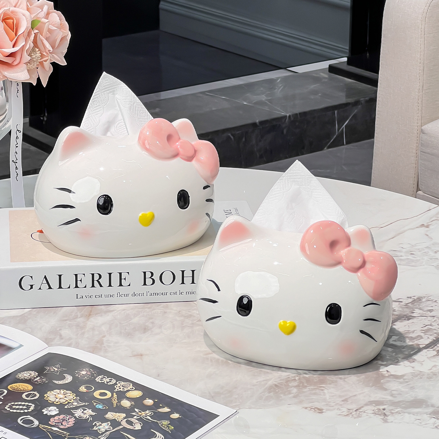 Caja de servillas de gato adorable caja de papel de salón caja de papel de cerámica caja de papel de cerámica decoración de mesa de té caja de servillas
