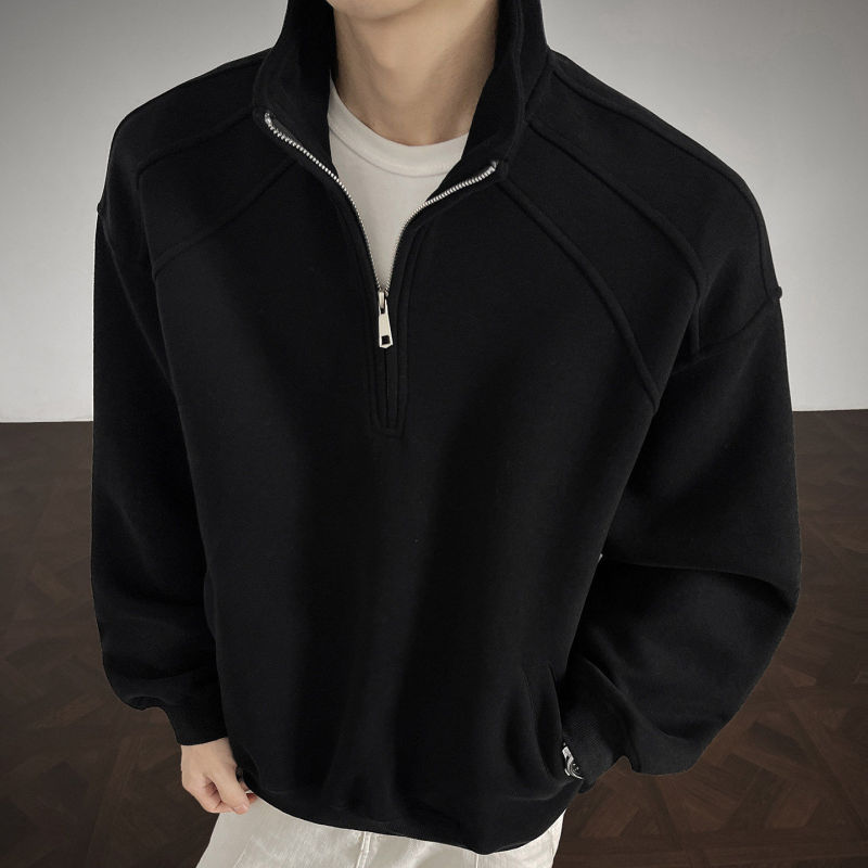 Winter Heavyweight Fleece-Lined Black Half-Zip Stand Collar Sweatshirt for Men, American-Style Casual Versatile Pullover with a Turn-Down Collar
